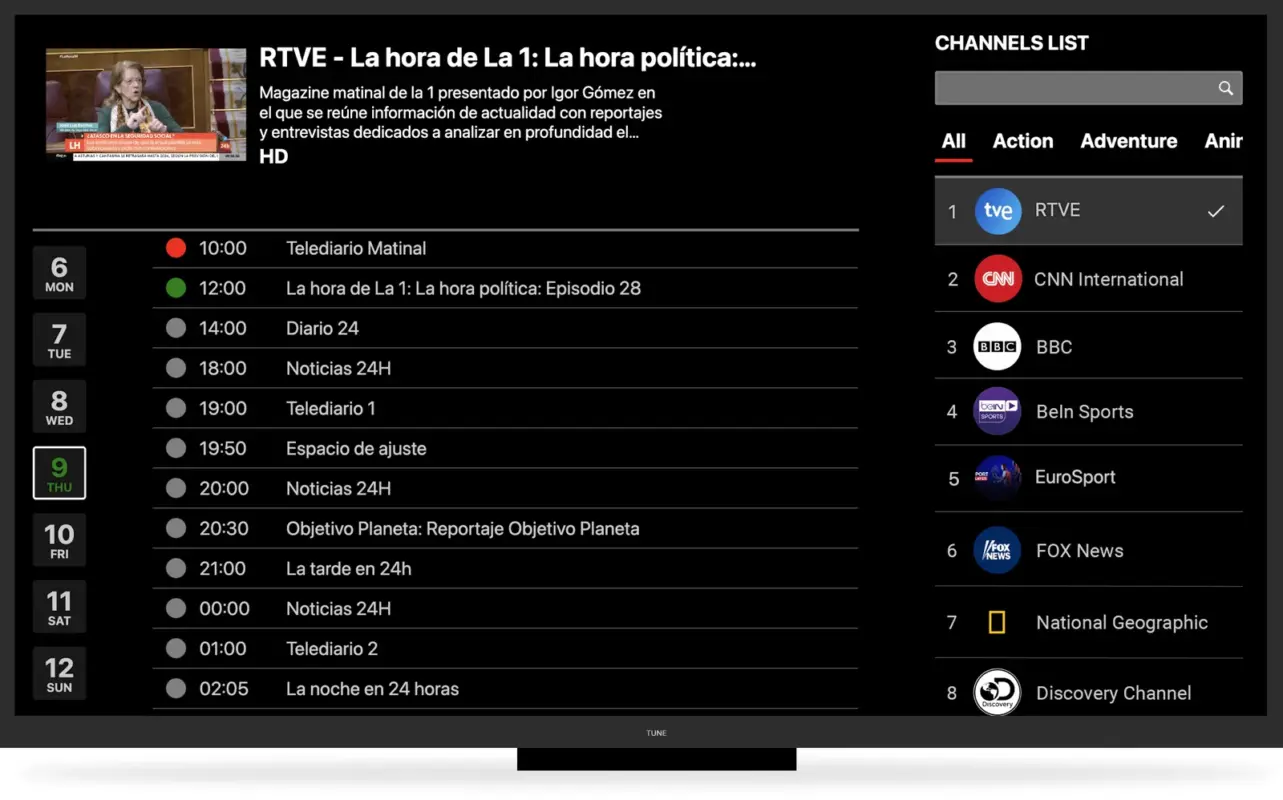 Surf IPTV IPTV electronic programme guide (EPG) showing the live TV schedule by channel