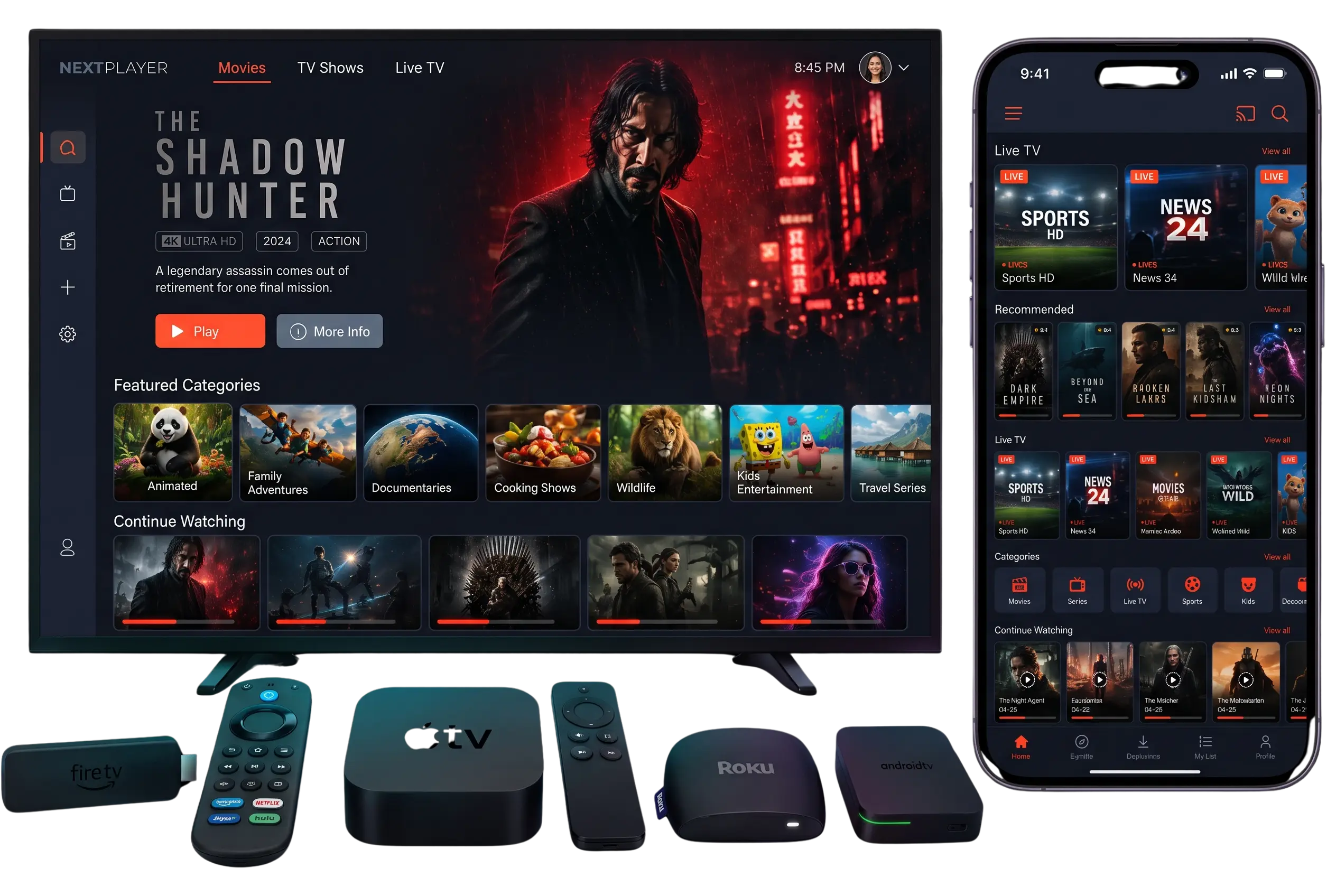 Surf IPTV IPTV service on a Smart TV, smartphone, Firestick and streaming boxes, showing movies, series and live TV